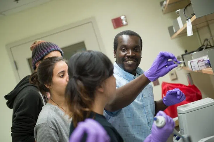 A professor wearing purple gloves shows students a lab procedure.