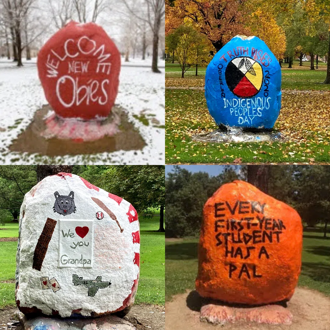 Four photos of Tappan Square rocks, each with a different message: 1: Welcome New Obies 2: Indigenous People's Day 3: We Love You Grandpa 4: Every First Year Student Has a Pal