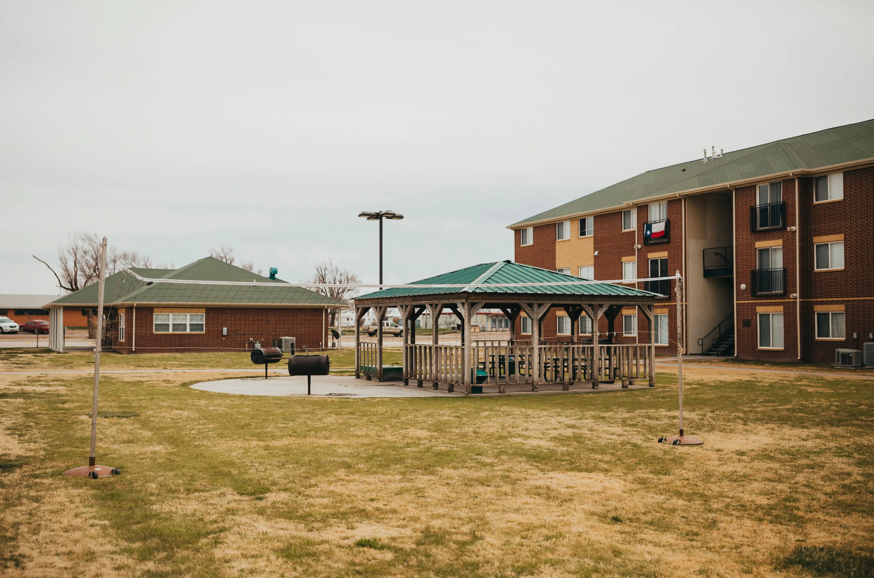 Aggie Apartments patio with covered seating