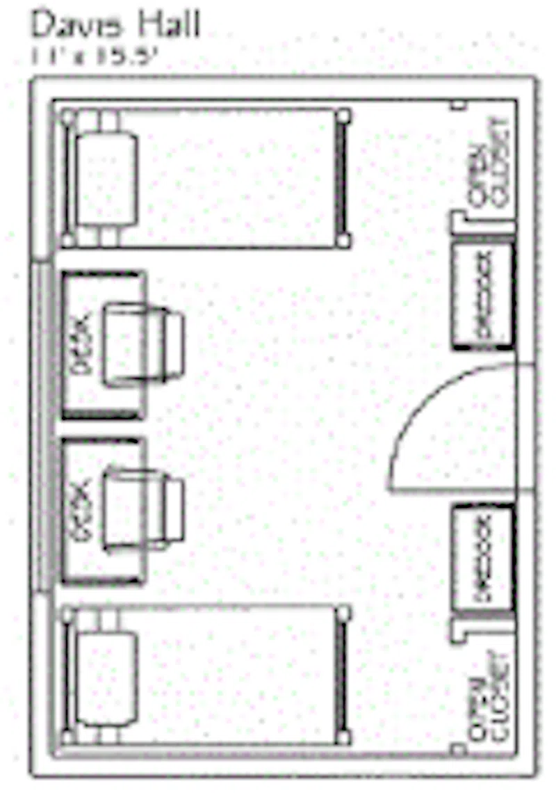 A double-occupancy room with two beds separated by two desks.