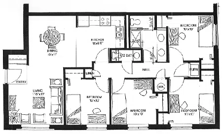 Apartment diagram shows four bedrooms, a full bathroom, and a half-bathroom, as well as a kitchen, dining room, and living room.