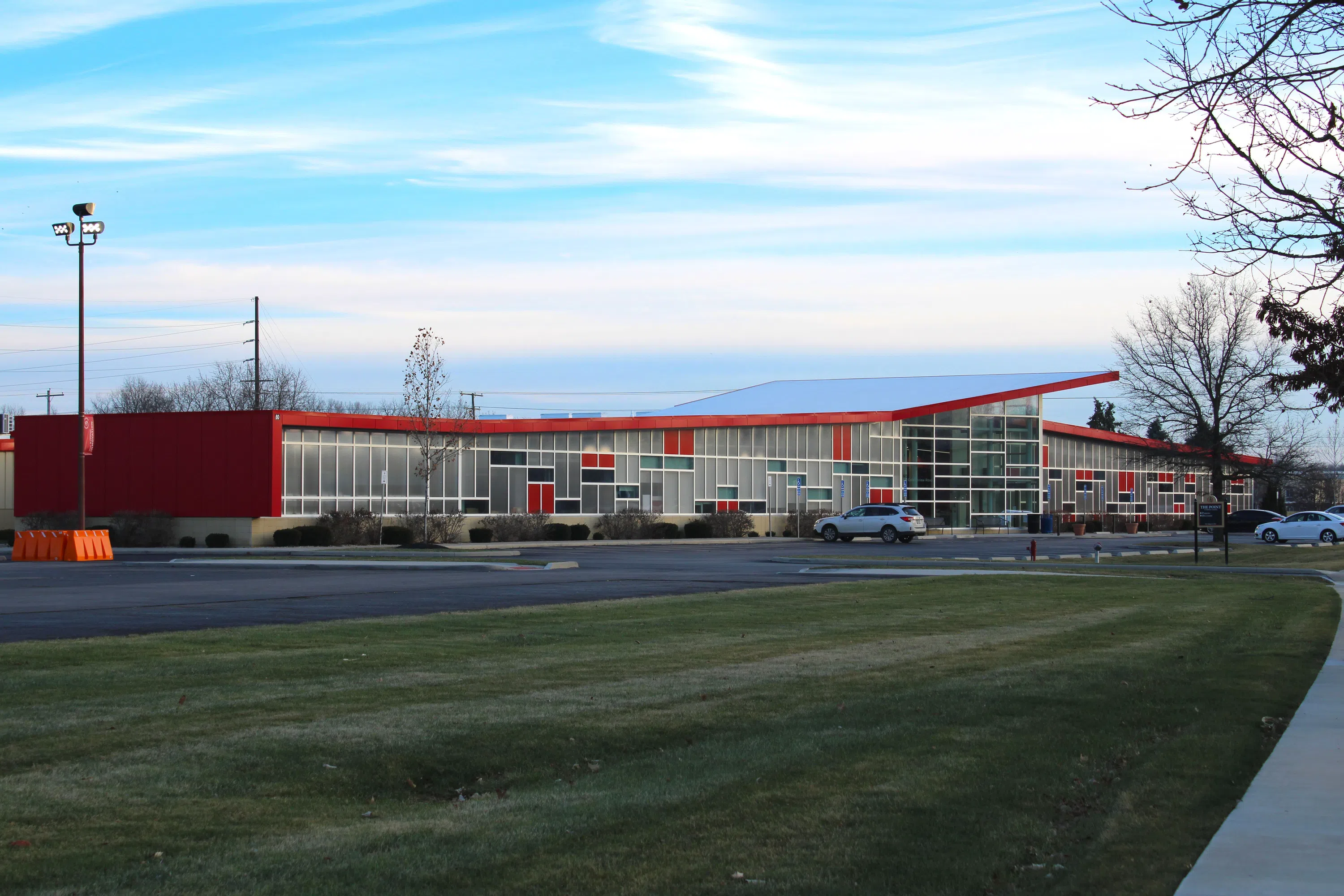 Red building with glass windows