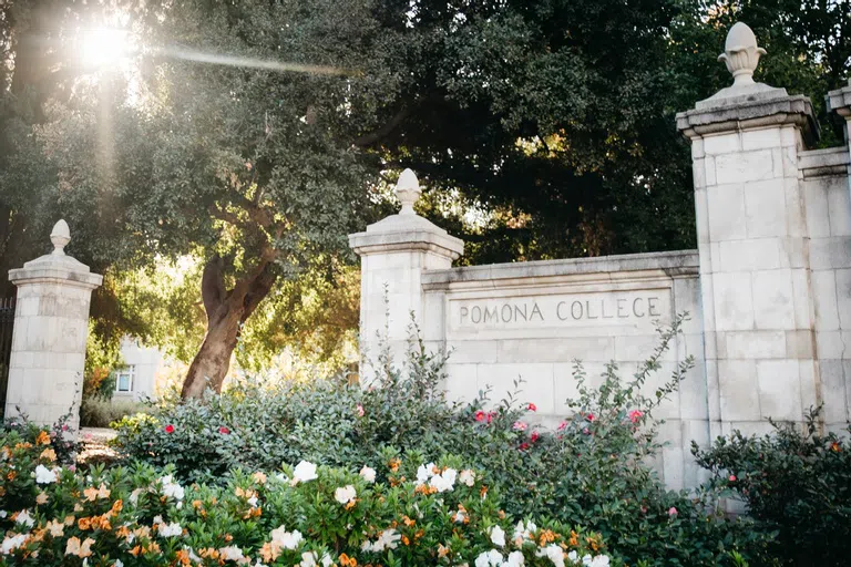 Sun peeking through trees in back of Pomona College gates