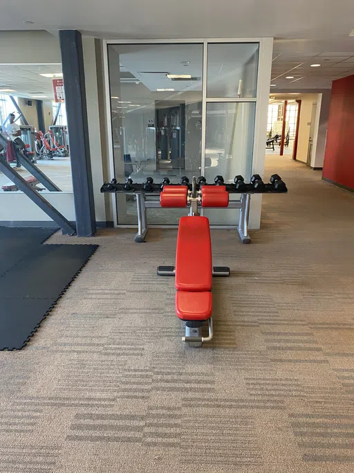 Weight training equipment is located in the Fitness Center.