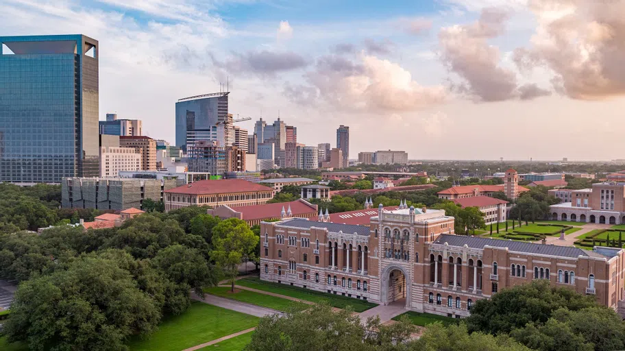 Rice University campus in Houston, Texas with the Texas Medical Center in the background.