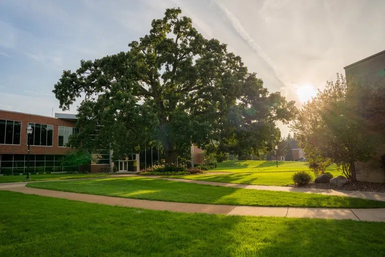 Student center exterior at sunset