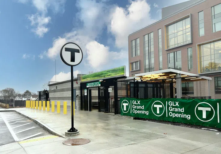 Medford/Tufts Green Line MBTA Station on Boston Ave, with Joyce Cummings Center in Background