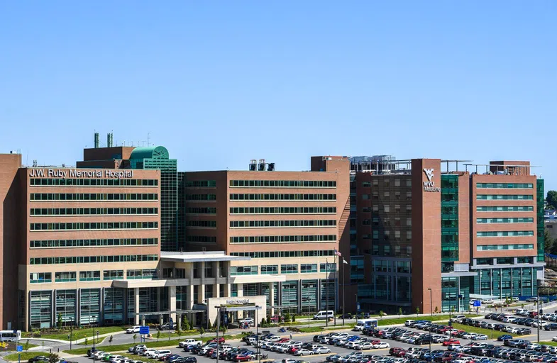 The exterior of Ruby Memorial Hospital