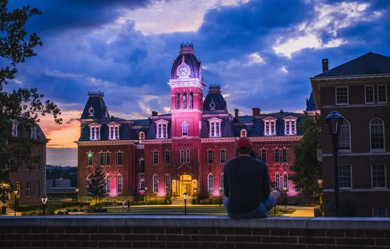 Woodburn illuminated at night