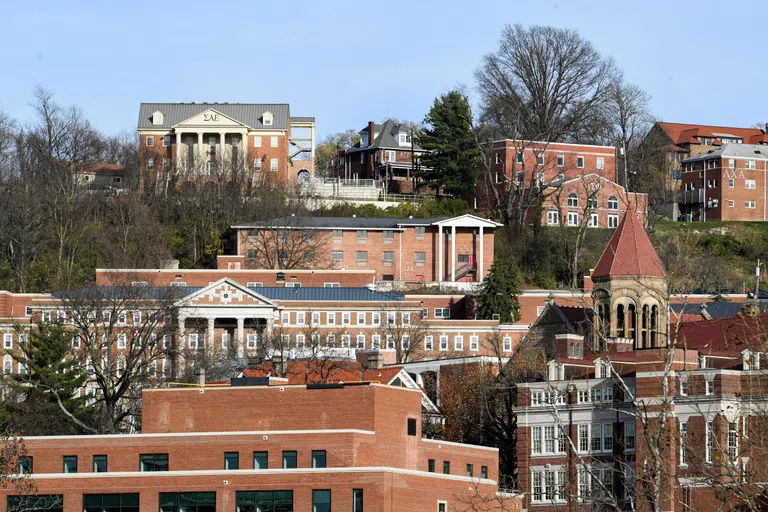 Several fraternity houses sit on a hill.