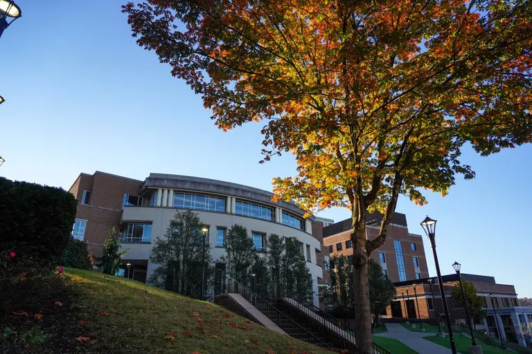 A Fall photo of the exterior of the Downtown Library. 