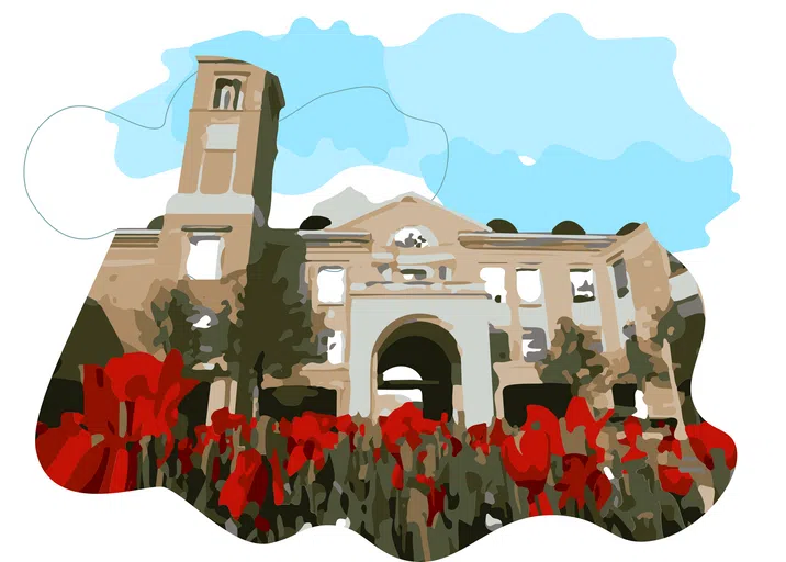 The student union against a blue sky with red tulips in the foreground