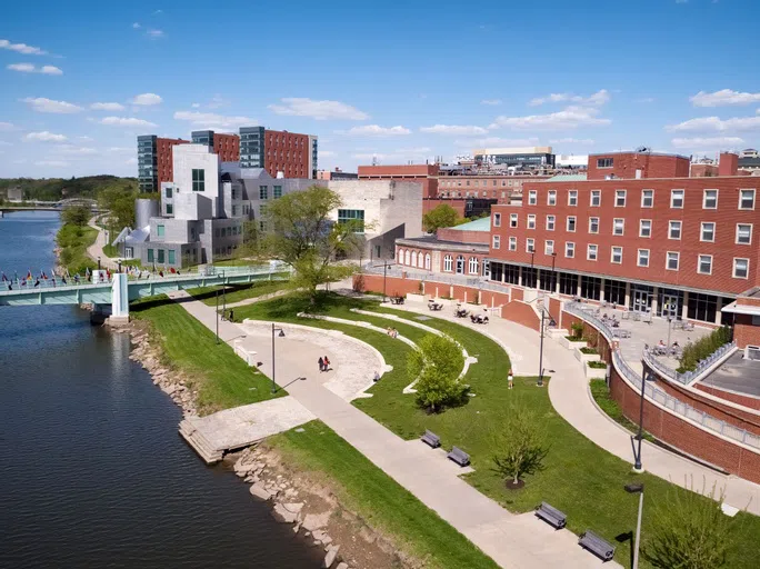 View of the patio area behind the Iowa Memorial Union