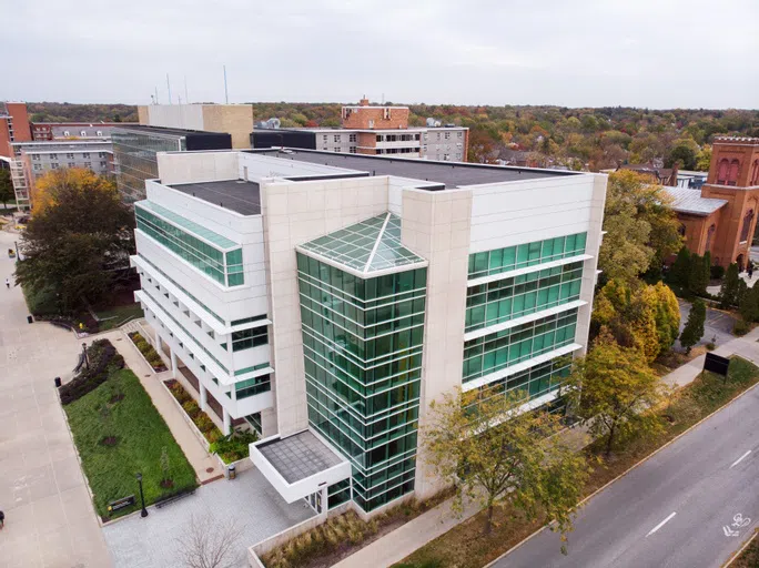 Drone image of the Pomerantz Center Building in the fall