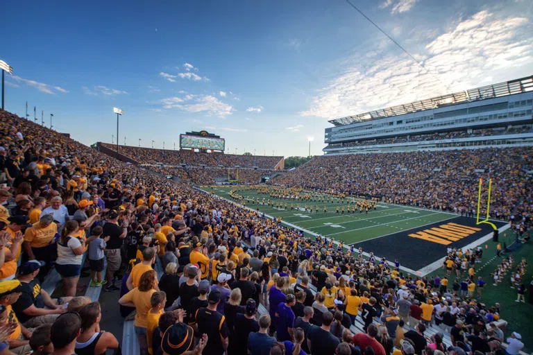 View inside Kinnick stadium full of fans during a football game