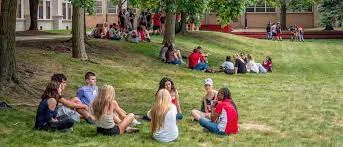 Students sitting on the quad on a nice day