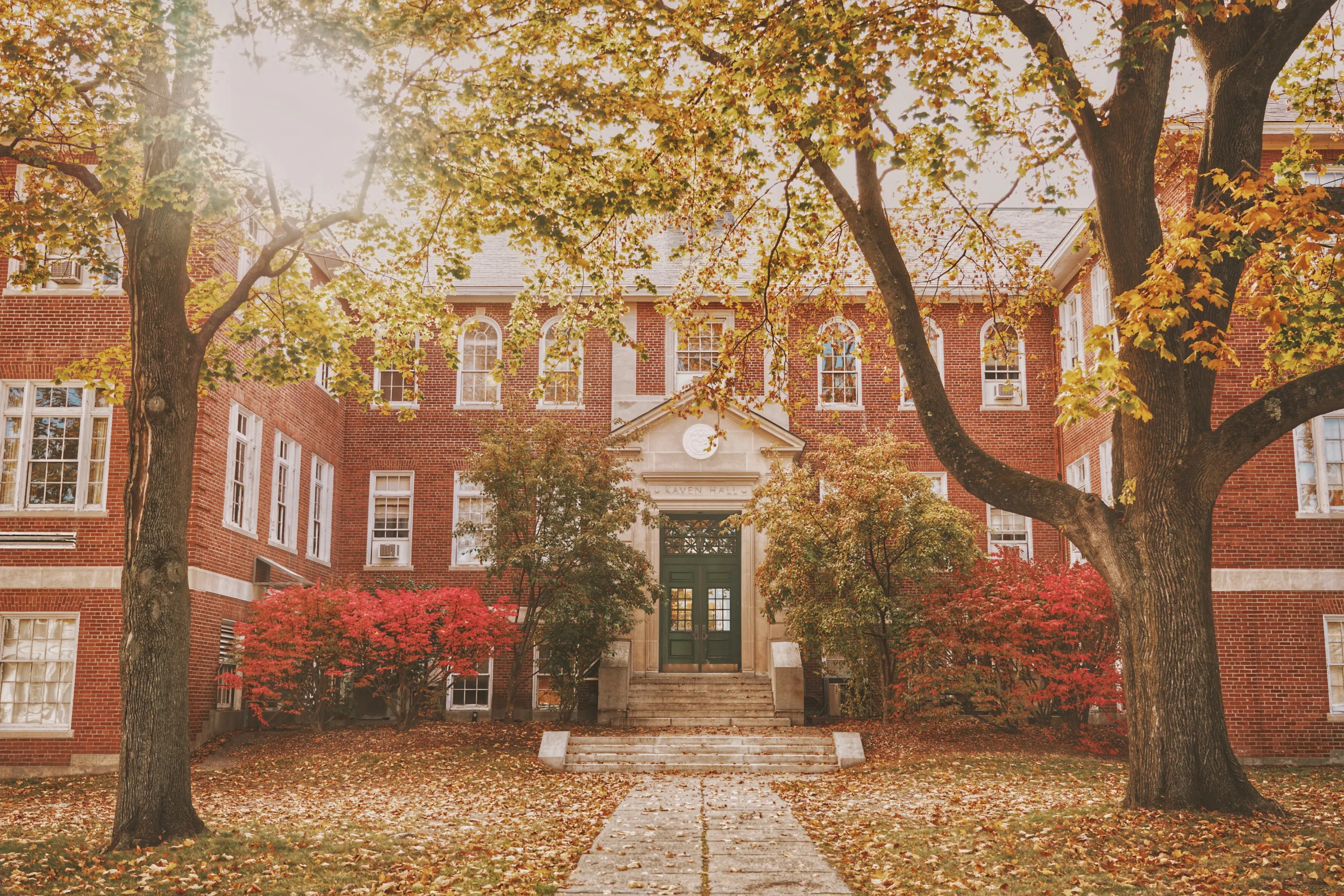 Admissions Office with fall leaves on trees and walkway