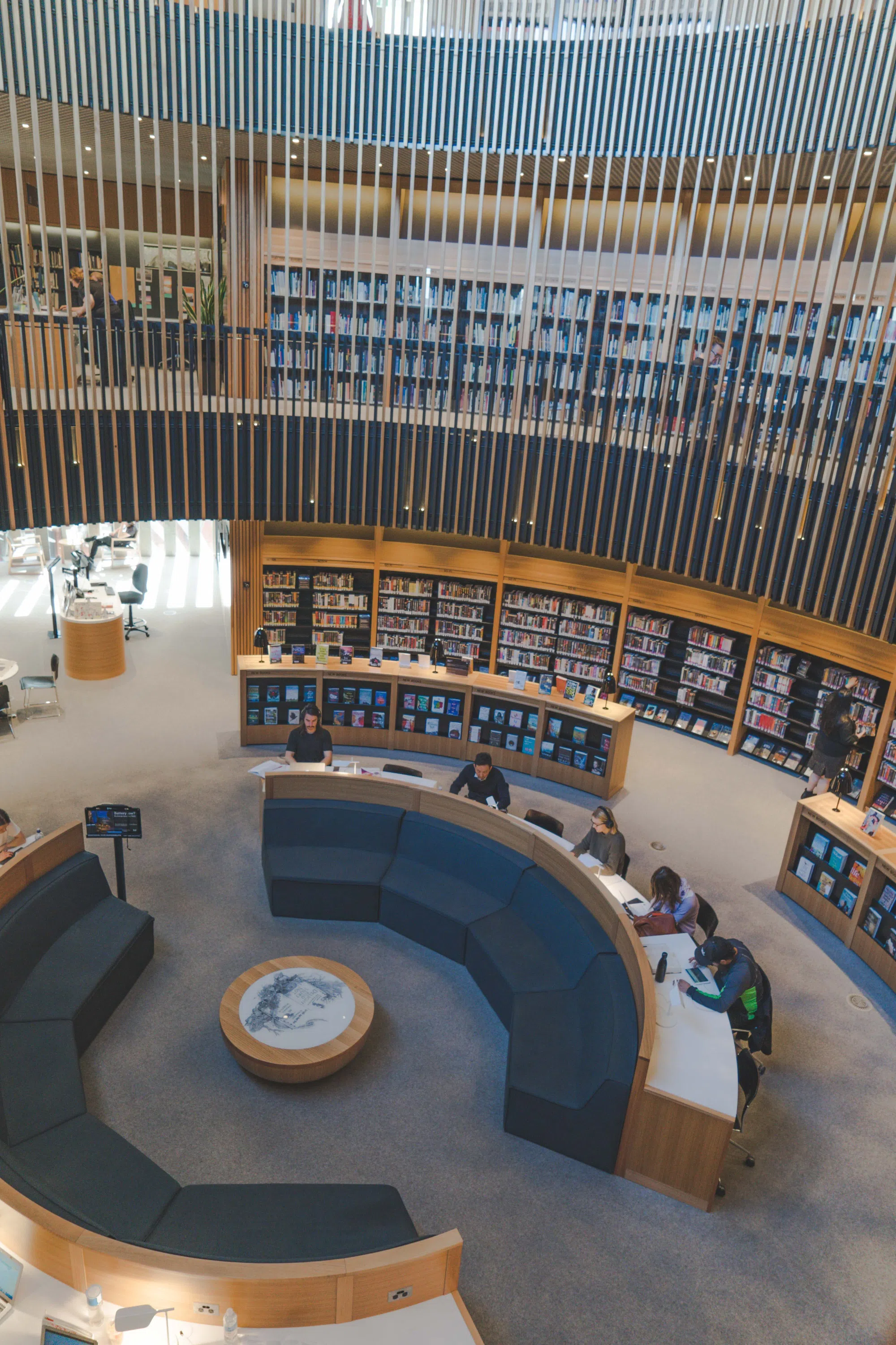 Ariel view from the top of library looking at students studying