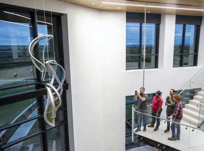 A photo of four students enjoying the newly installed sculpture from the stairs. 