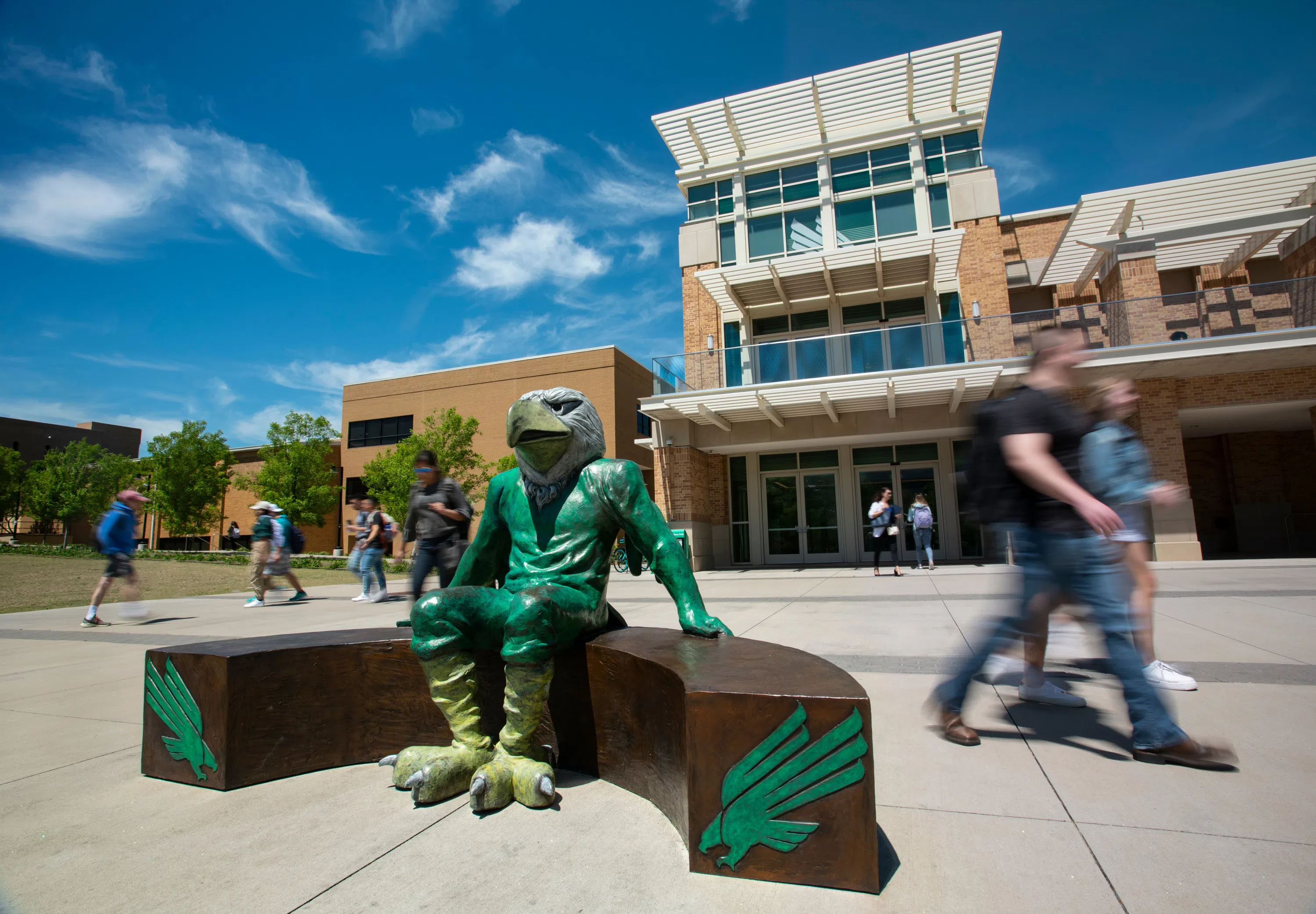 Sculpture of Scrappy the Eagle, mascot of UNT, outside the main entrance of the University Union 