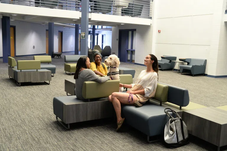 Three students and a dog sitting and talking in Osprey Crossings atrium