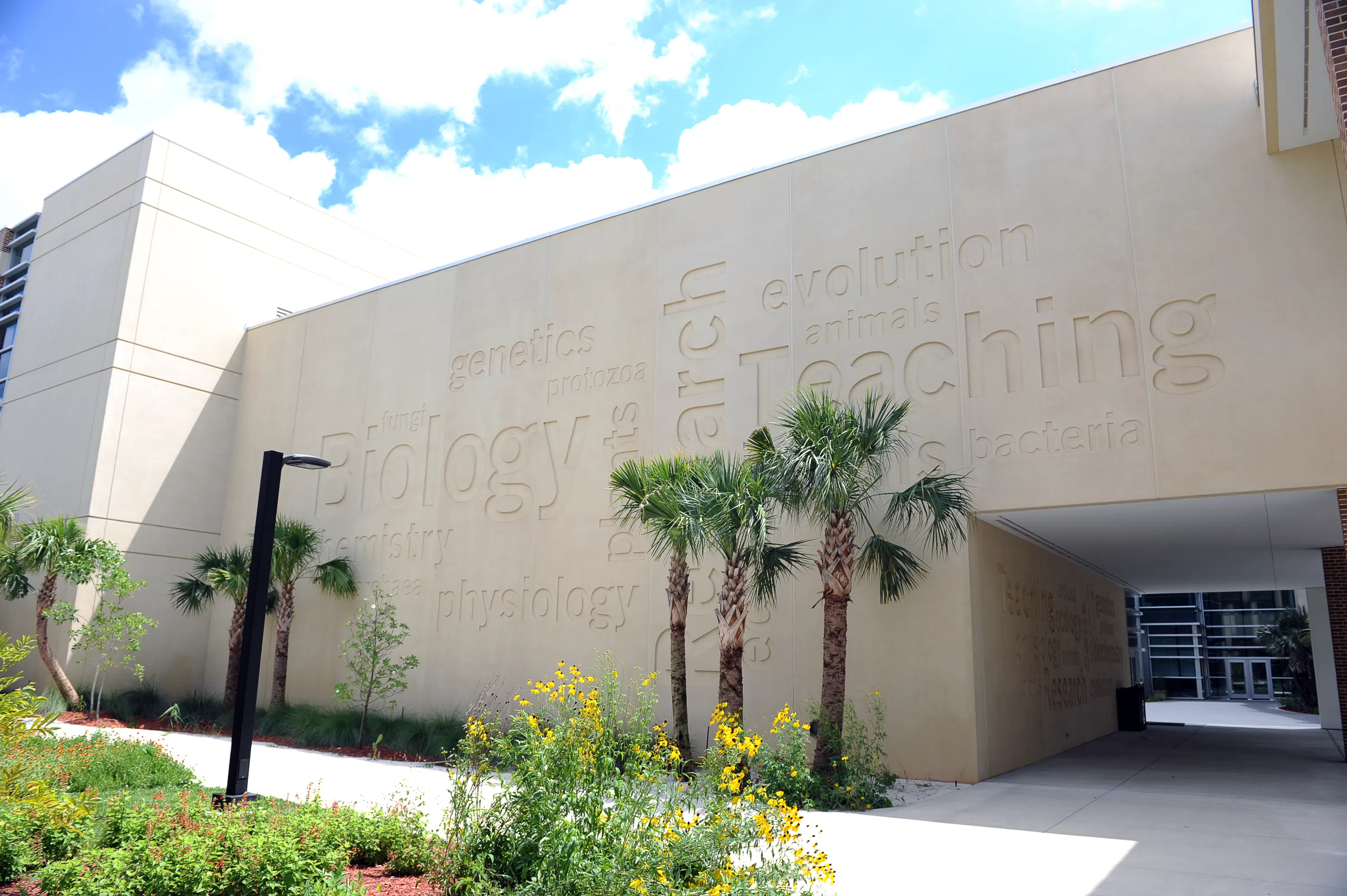 Biology word wall on exterior of the Biological Sciences Building