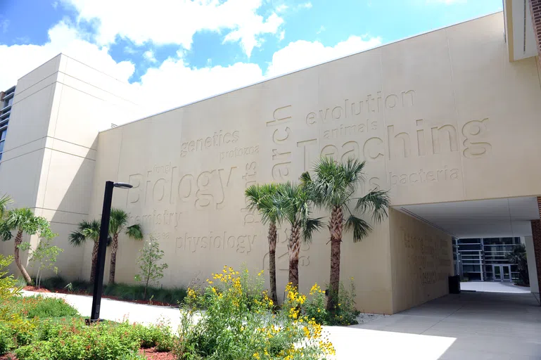 Biology word wall on exterior of the Biological Sciences Building