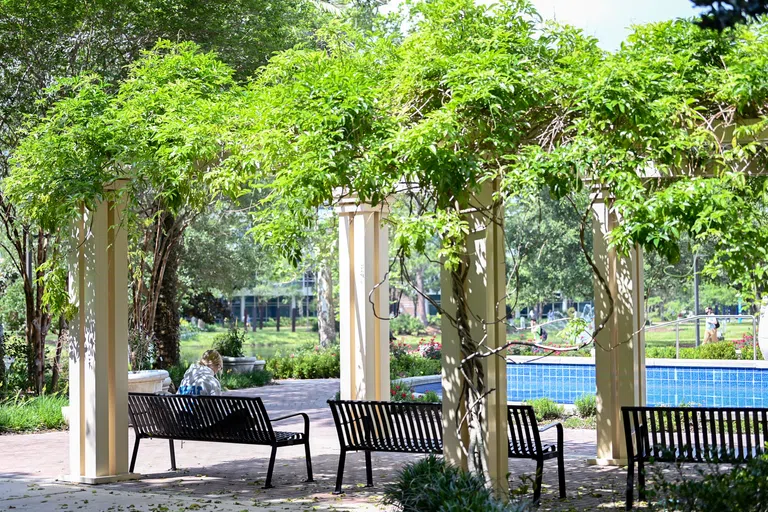 Student sitting at outdoor bench under a pergola across from the reflection pool at Brooks College of Health