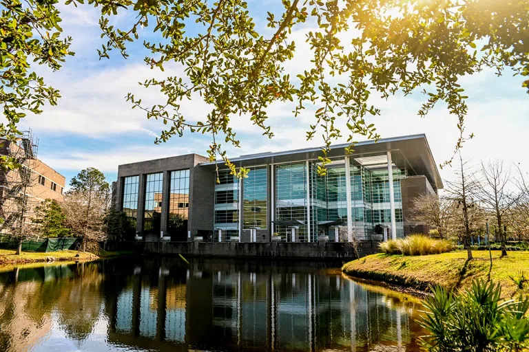 Front of the library building and lake