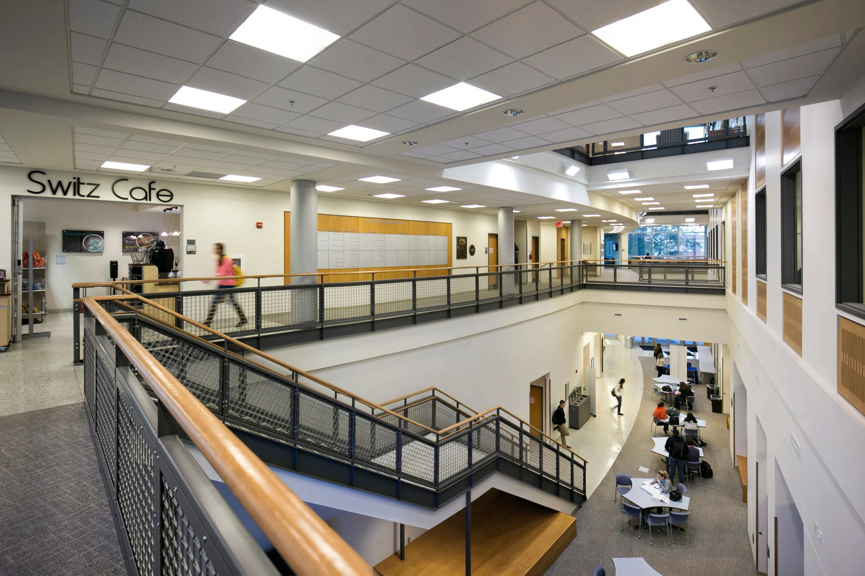 The interior of the first two floors of the Lewis Bear Jr. College of Business. 