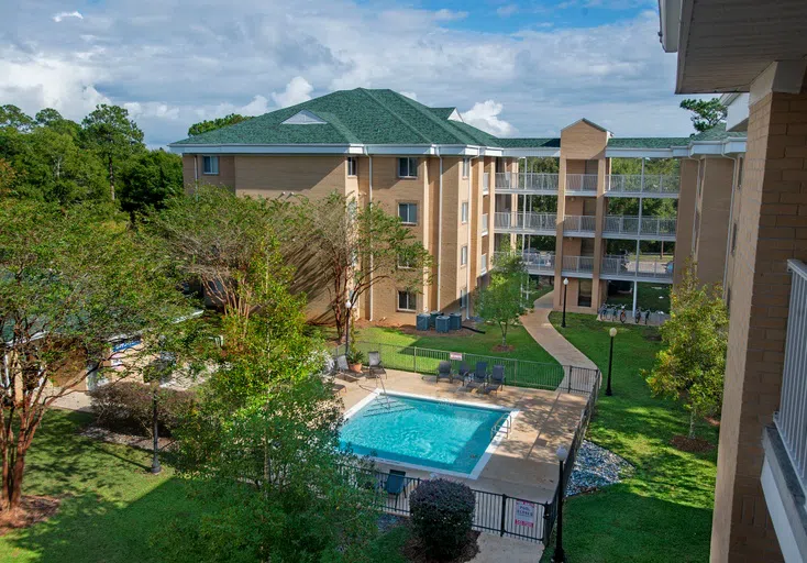 Village West pool with Building A in the background.