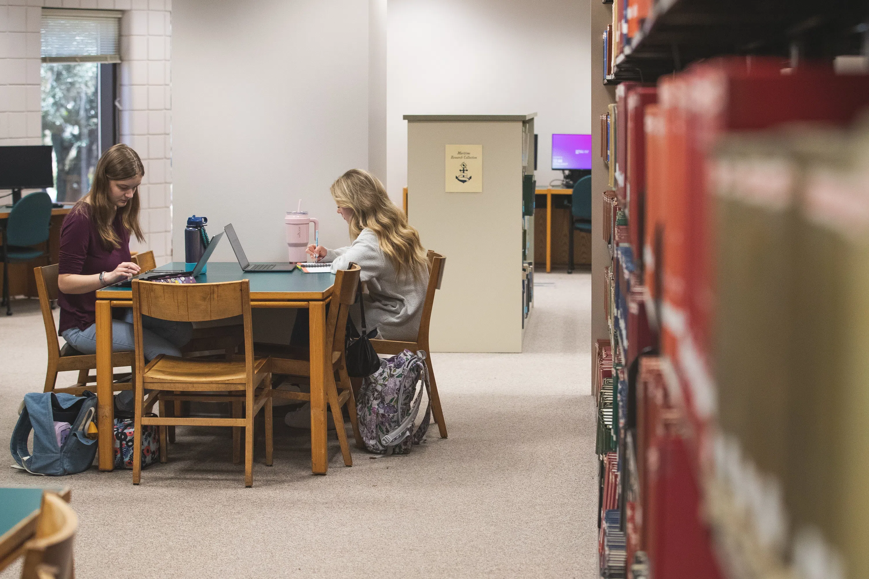 Two female students study at a quiet library study space