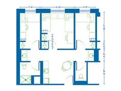 Floor plan for single, double, single room suite