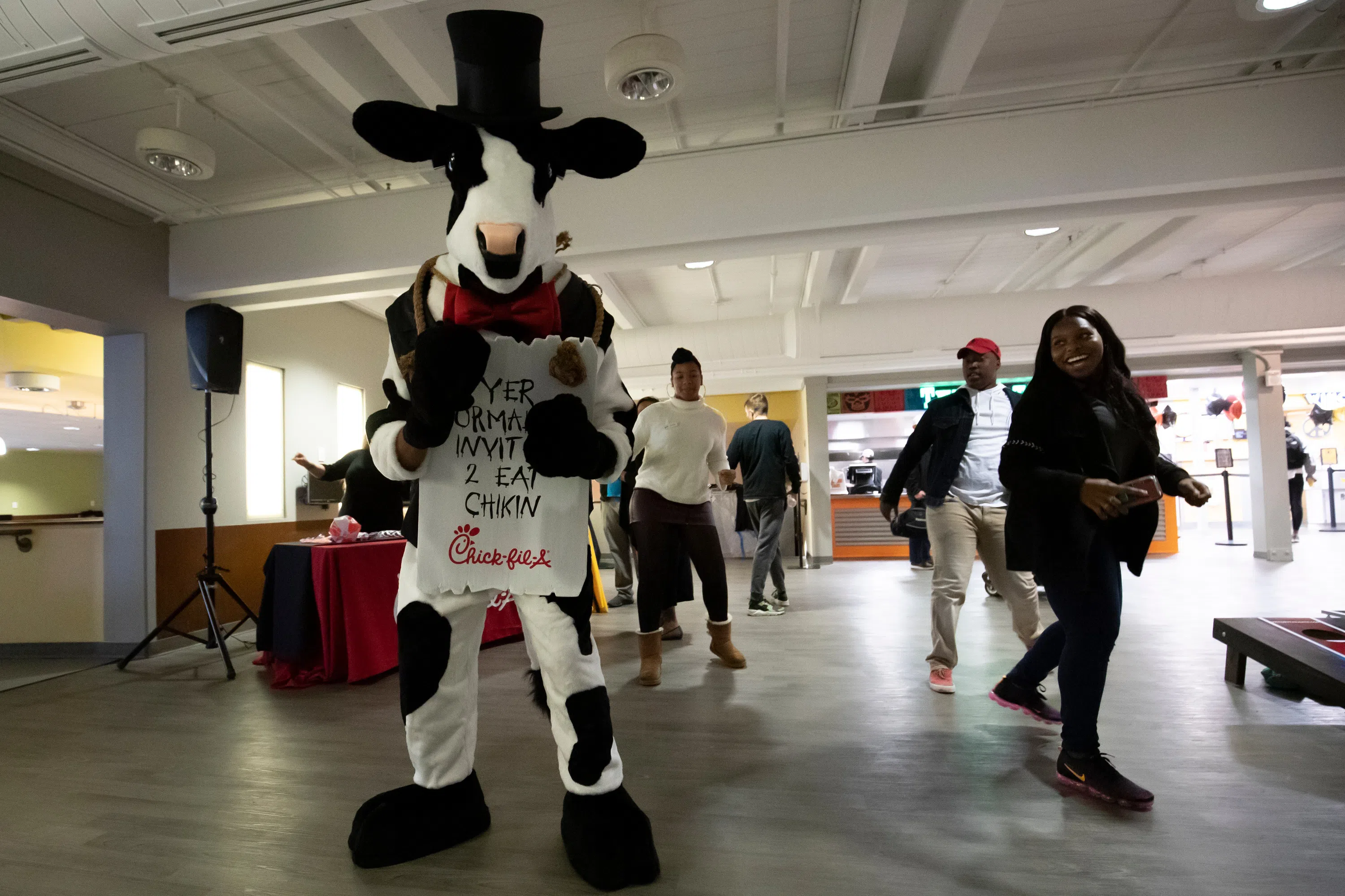 The Chic-fil-A Cow dancing in the Argo Galley