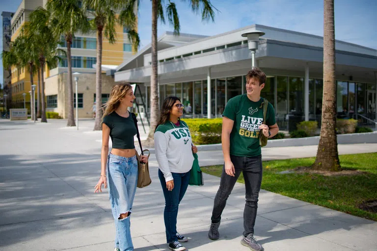 Students walking through the Village