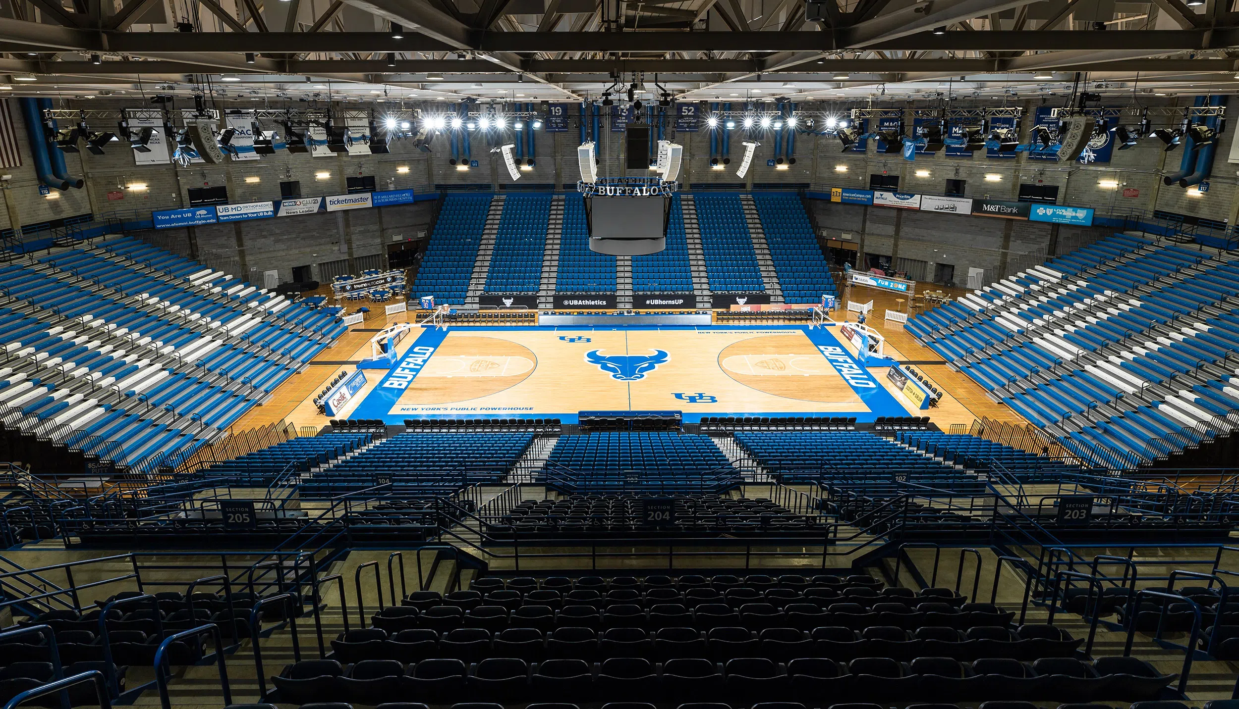 Photo of basketball court inside Alumni Arena.