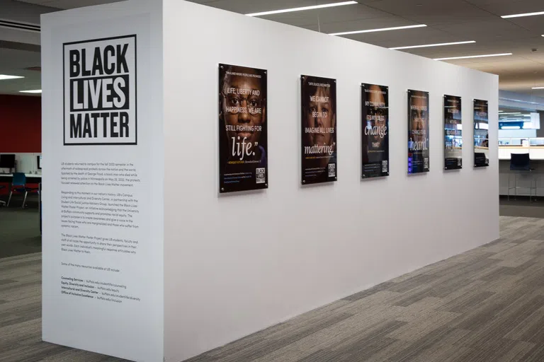 A photo of the Black Lives Matter poster project in the Silverman Library. This exhibit aims to expand understanding of what it means to be Black in America.