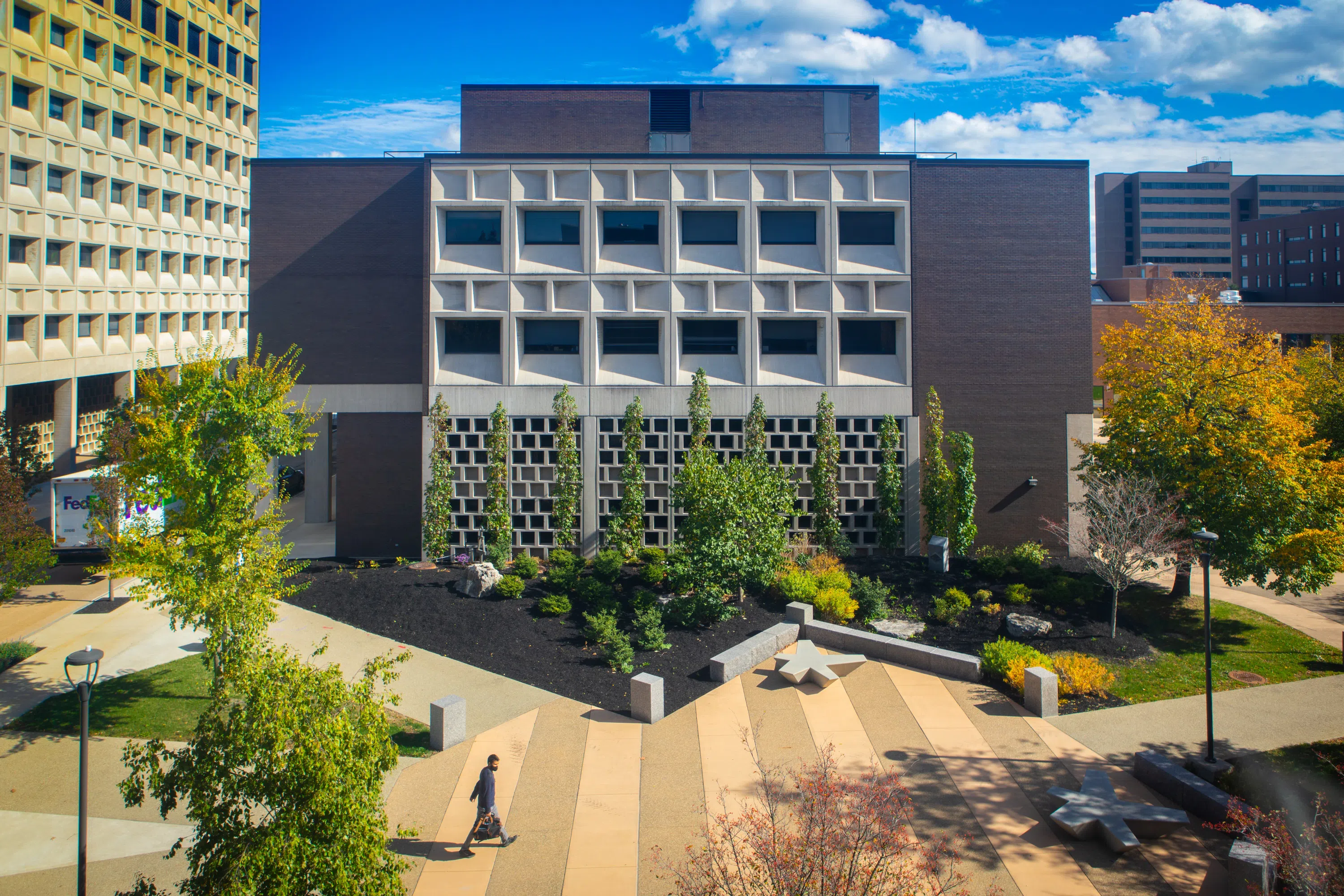 Exterior photo of Jarvis Hall and Grace Plaza at the University at Buffalo