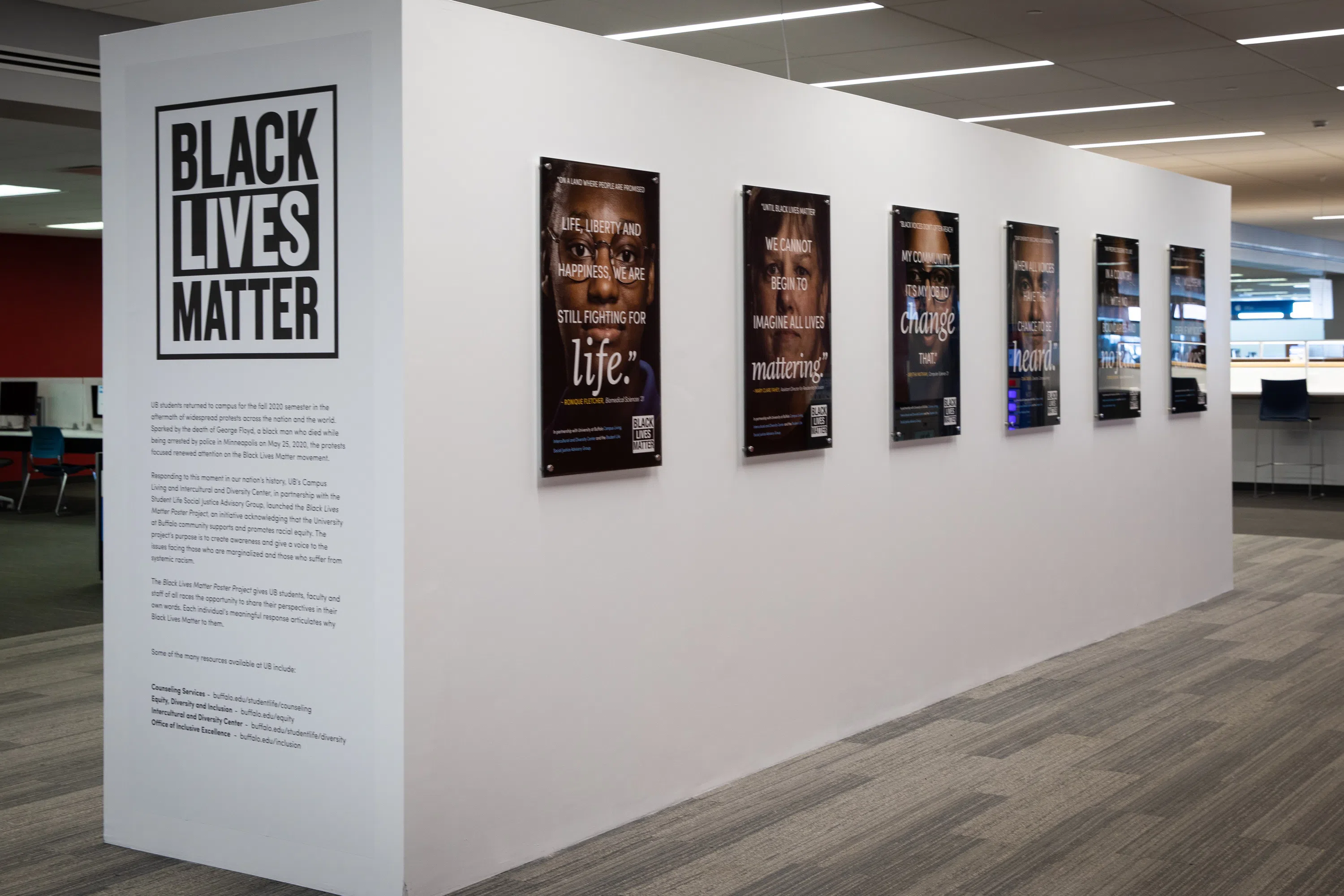 A photo of the Black Lives Matter poster project in the Silverman Library. This exhibit aims to expand understanding of what it means to be Black in America.