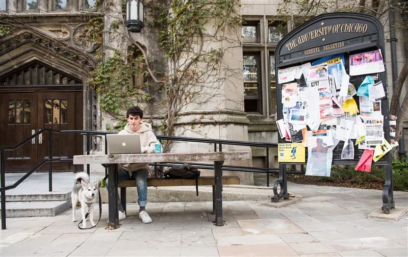 A man sits on a table outside of Cobb hall, working on his laptop