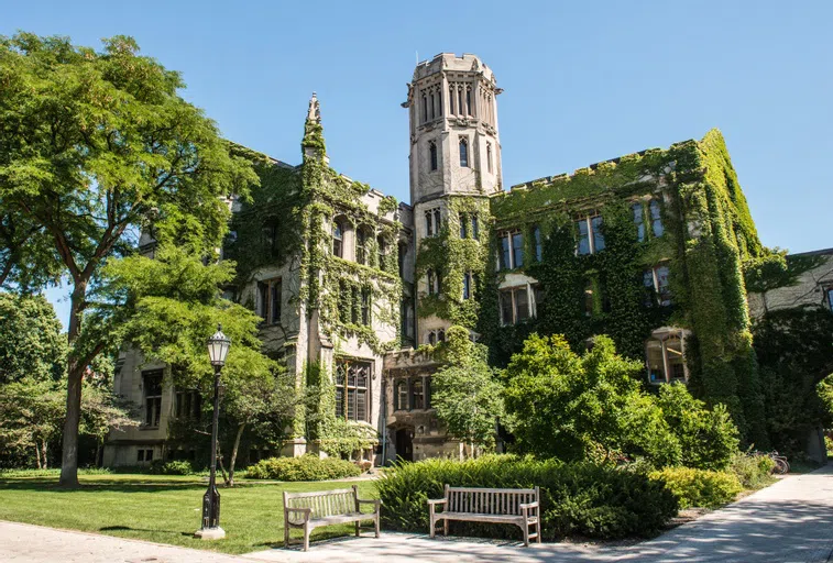 Exterior of Rosenwald Hall during summer, covered in green vines