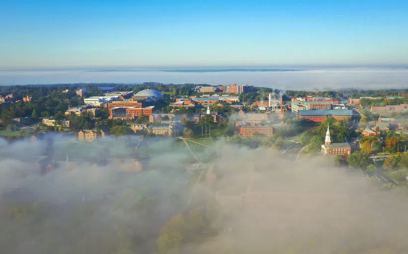 An aerial drone shot of UConn's main campus in Storrs 