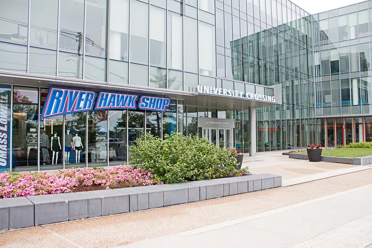 Exterior of the University Crossing building at UMass Lowell