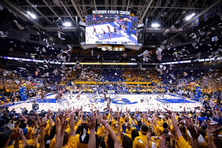 View of basketball game from the Oakland Zoo, Pitt's boisterous student section at home games