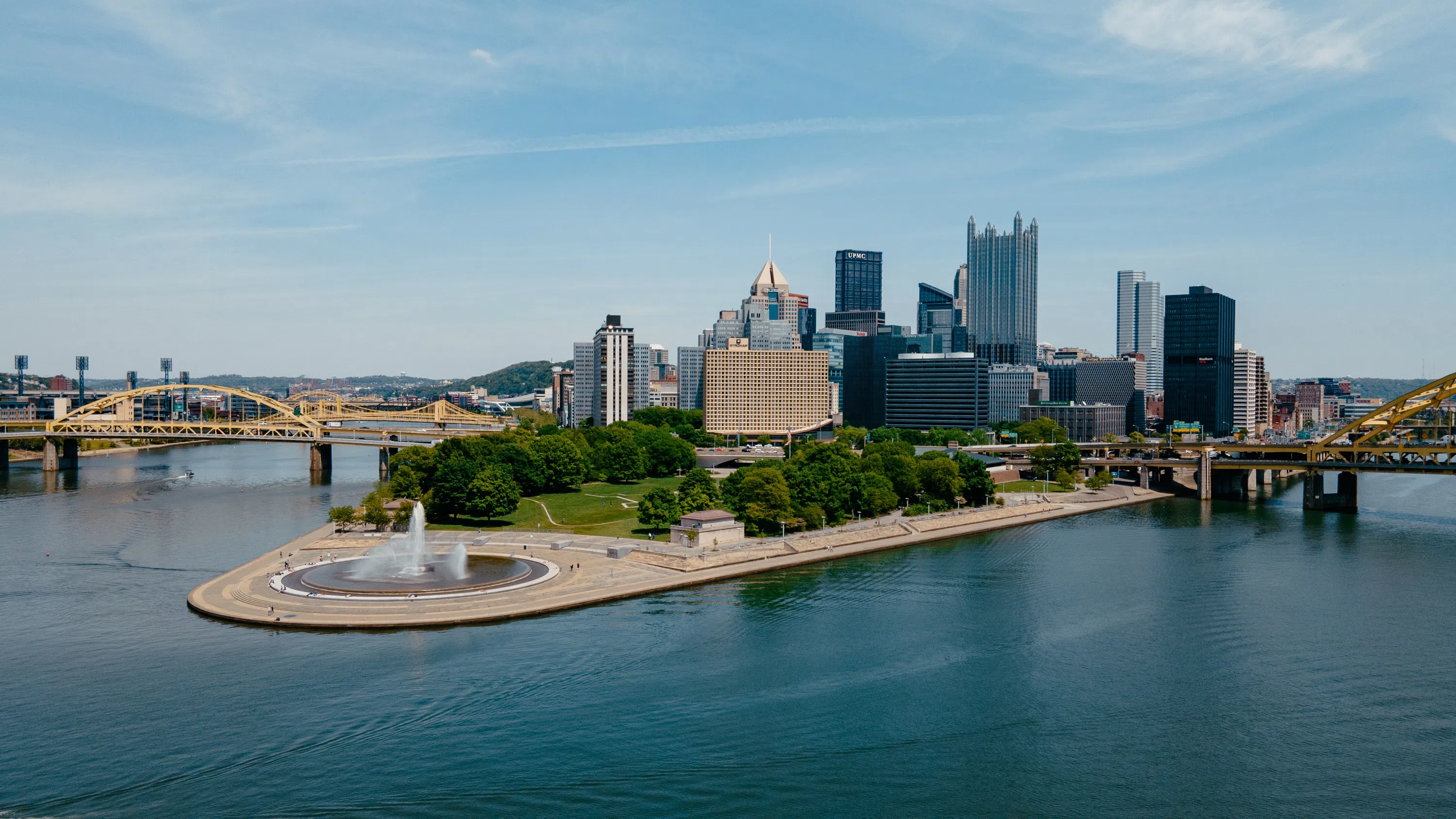 View of Point State Park fountain at the convergence of the Monongahela and Allegheny rivers into the Ohio