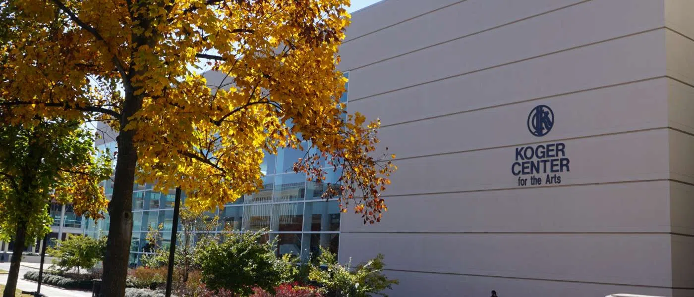 View of the front of the Koger Center for the Arts during a fall day