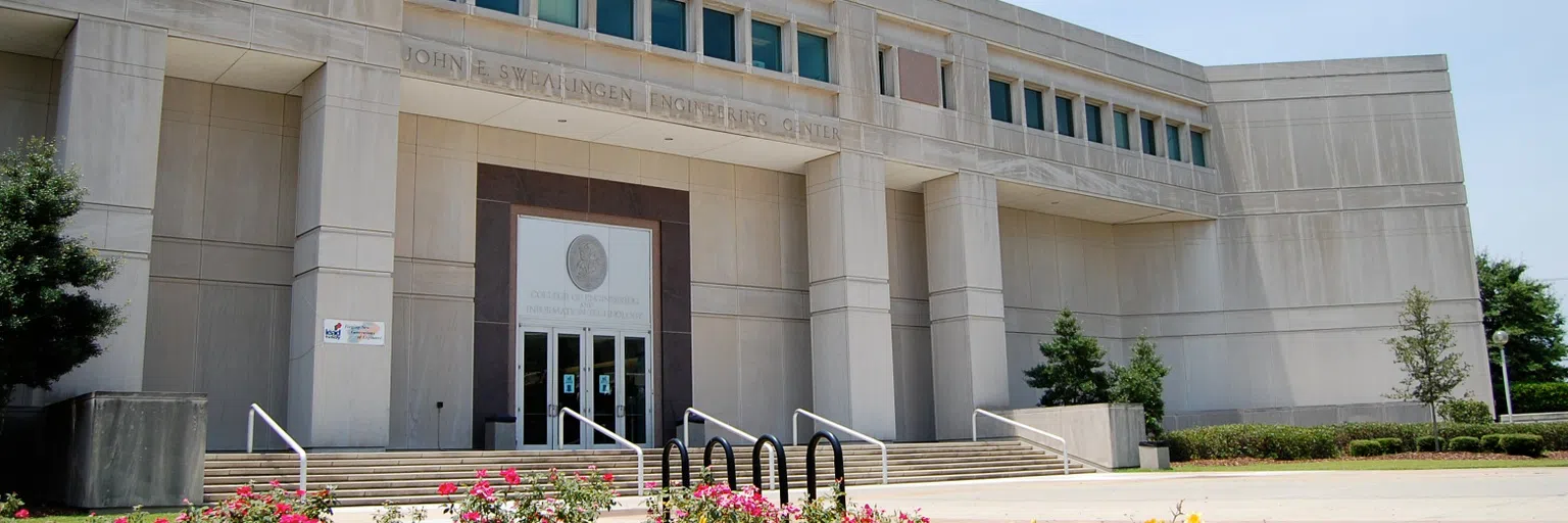 View of the front of the Swearingen Engineering Center during the day