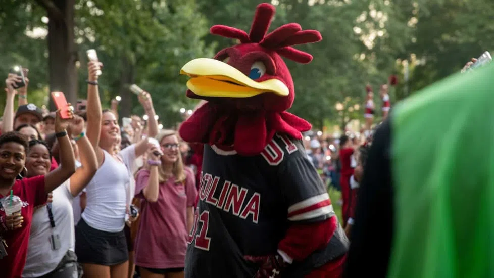 The UofSC mascot, Cocky, surrounded by students on the Horseshoe