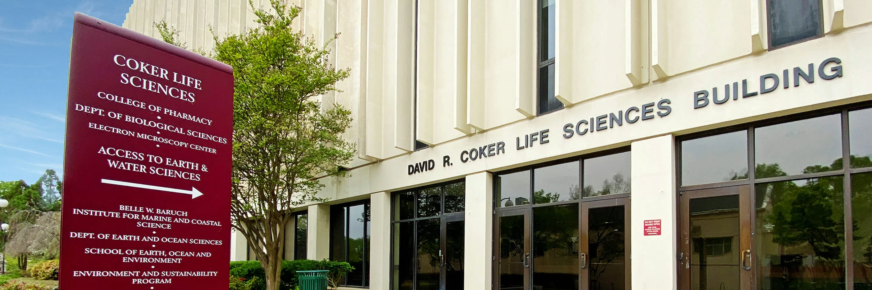 View of the front of the Coker Life Sciences Building during the day