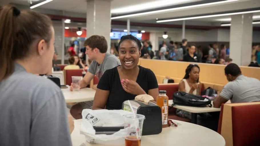 Students sharing a meal and talking